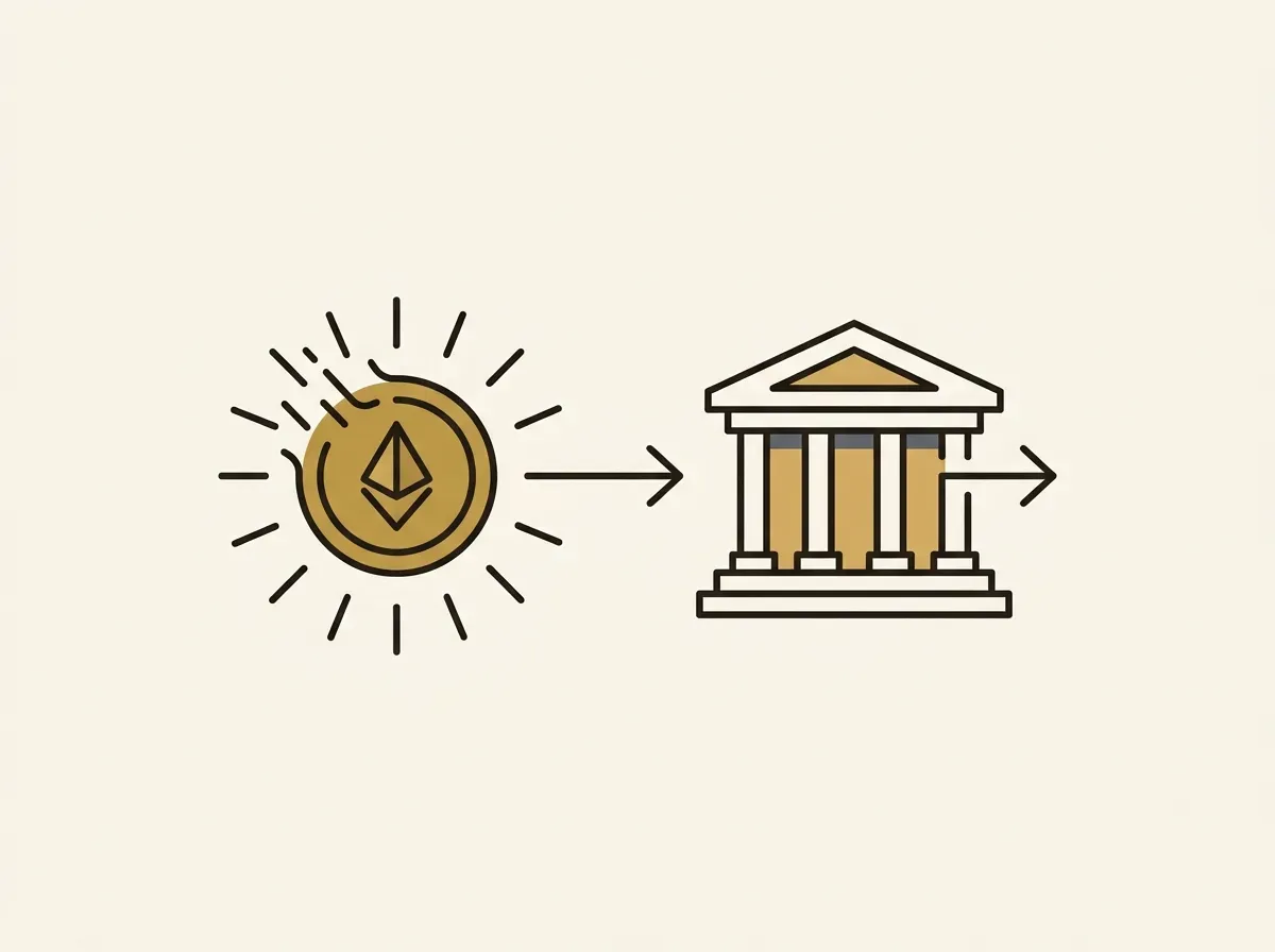 An illustration showing a digital token being burned, which triggers the sale of a corresponding asset from an exchange.