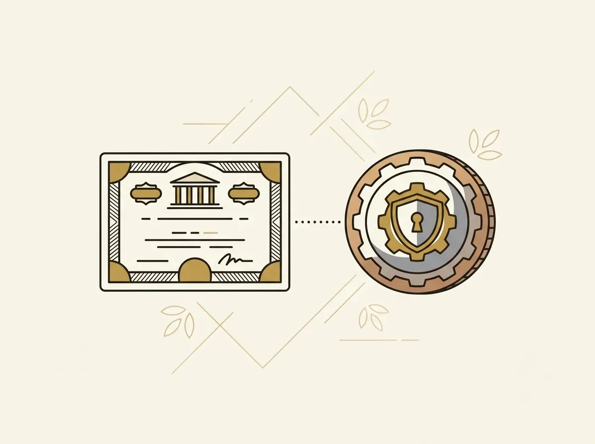 An illustration showing a stock certificate being transformed into a digital token, representing a tokenized stock.