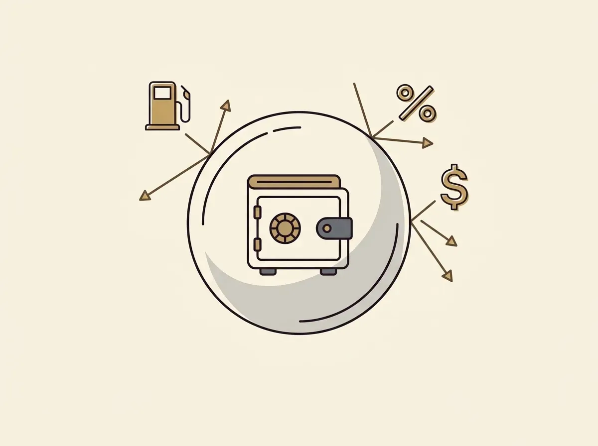 A digital wallet is protected by a shield that deflects icons for gas fees and other costs.