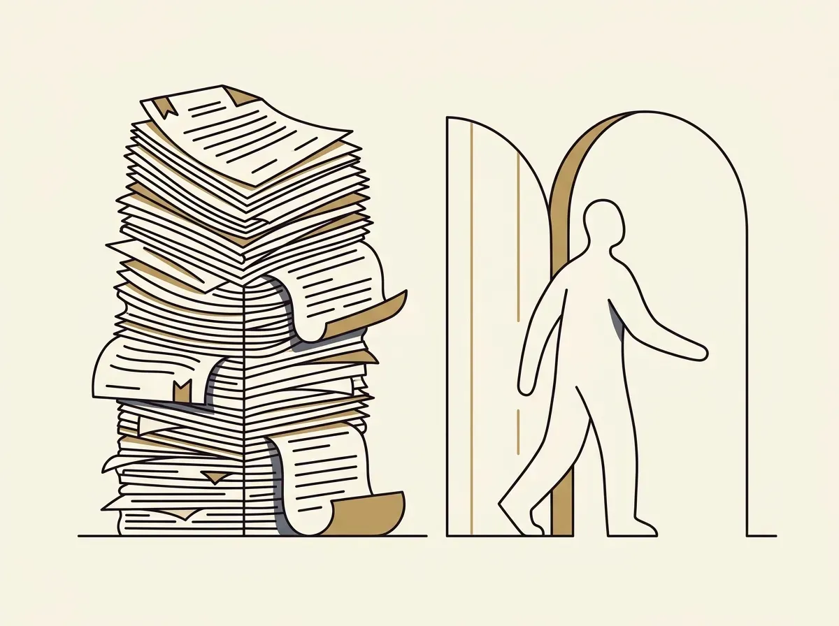 Illustration contrasting a stack of paper documents with a person walking through an open gate, symbolizing KYC vs. no-KYC.