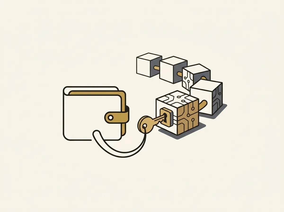 Illustration of a digital wallet with a key unlocking a block on a blockchain, representing cryptographic ownership.
