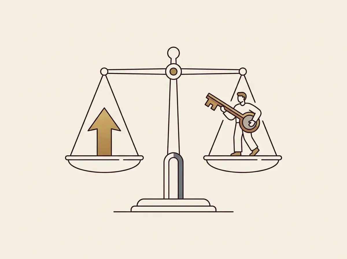 A scale balancing an upward arrow against a person holding a key, symbolizing the benefits and responsibilities of self-custody.