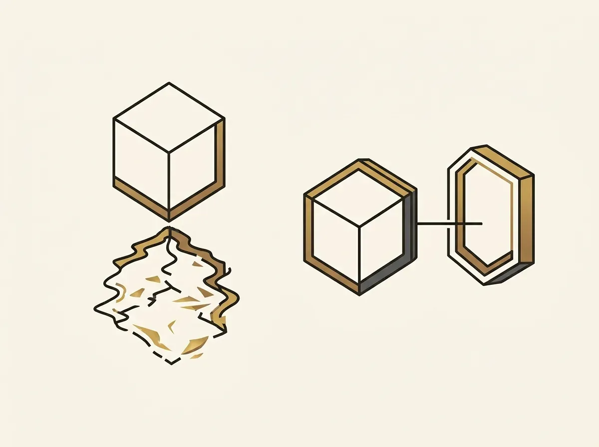 An illustration showing a distorted reflection of a shape evolving into a clear, solid shape with a direct one-to-one backing.