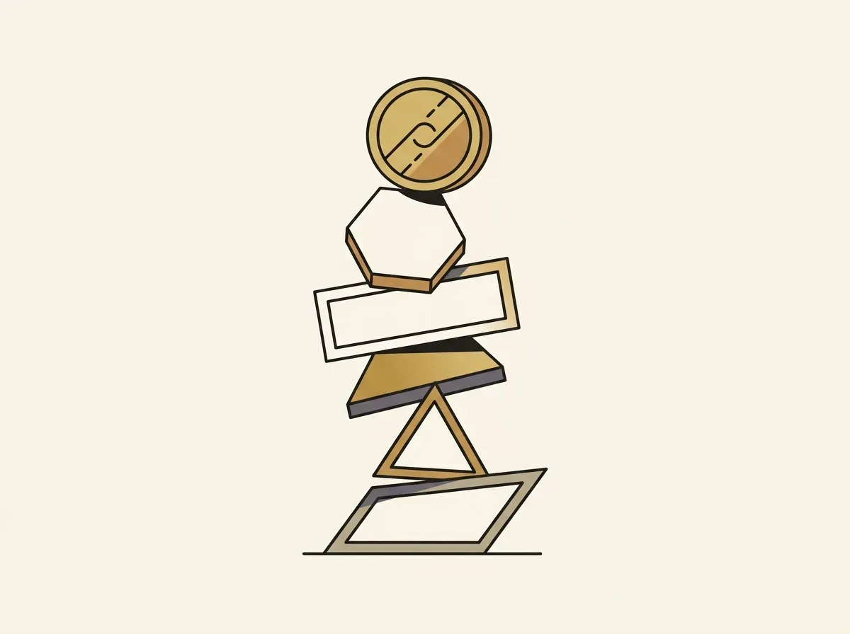 An illustration of a token balanced precariously on a wobbly stack of other assets, representing systemic risk.