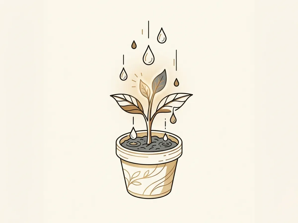 An illustration of a plant growing larger as it is watered by droplets, symbolizing dividend reinvestment and growth.