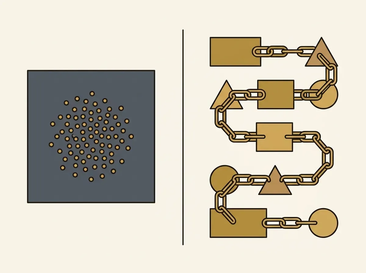 A comparison of two models: a single container holding many items versus individual items linked in a chain.