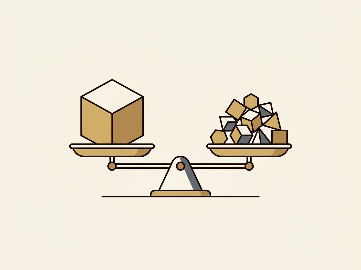 A balance scale weighing a single large block against a group of many smaller blocks, comparing stocks and ETFs.