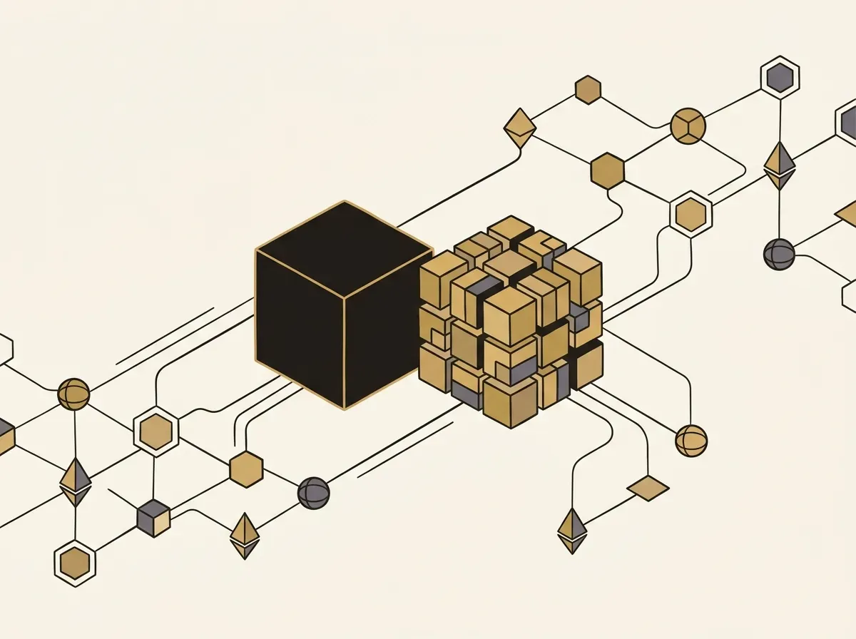 An illustration of asset blocks connecting to a larger digital network, representing DeFi composability.