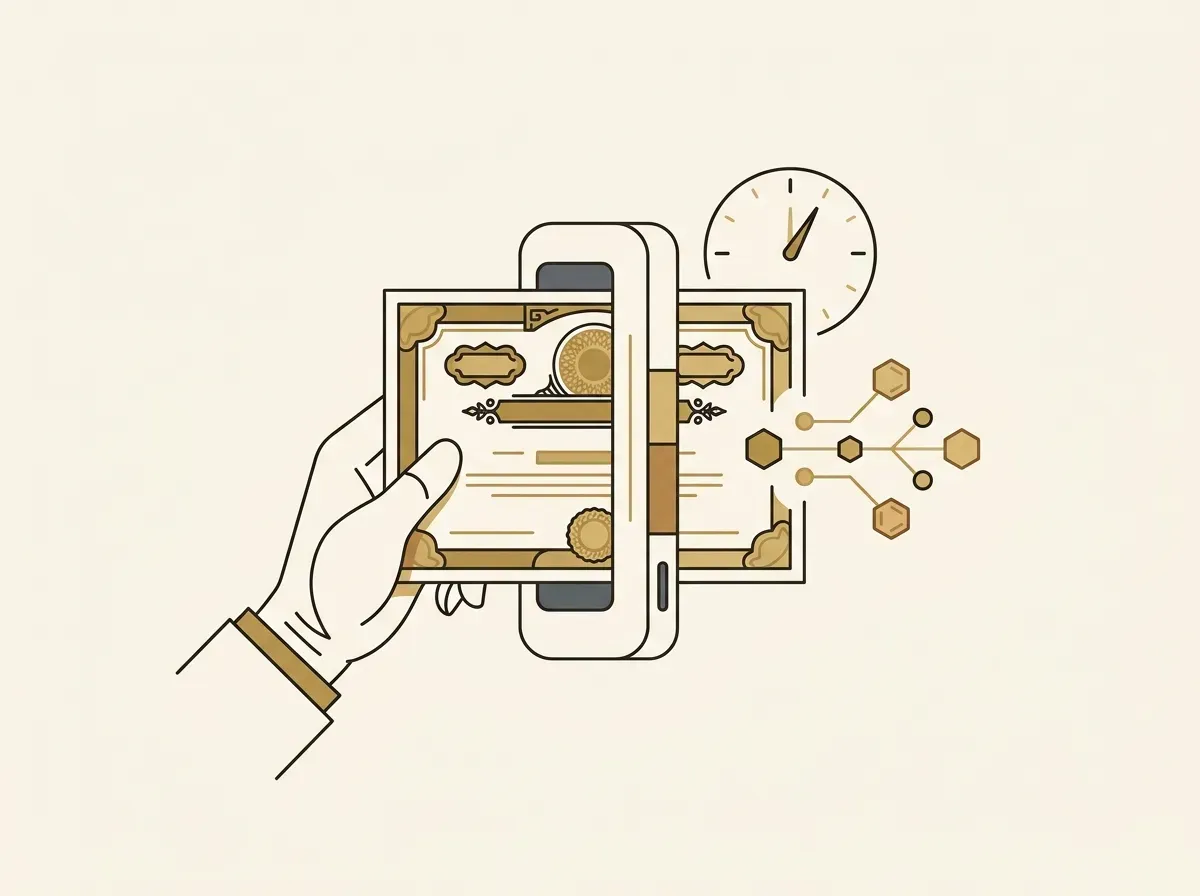 Line art of a hand holding a stock certificate, with a clock in the background, symbolizing traditional stock settlement.