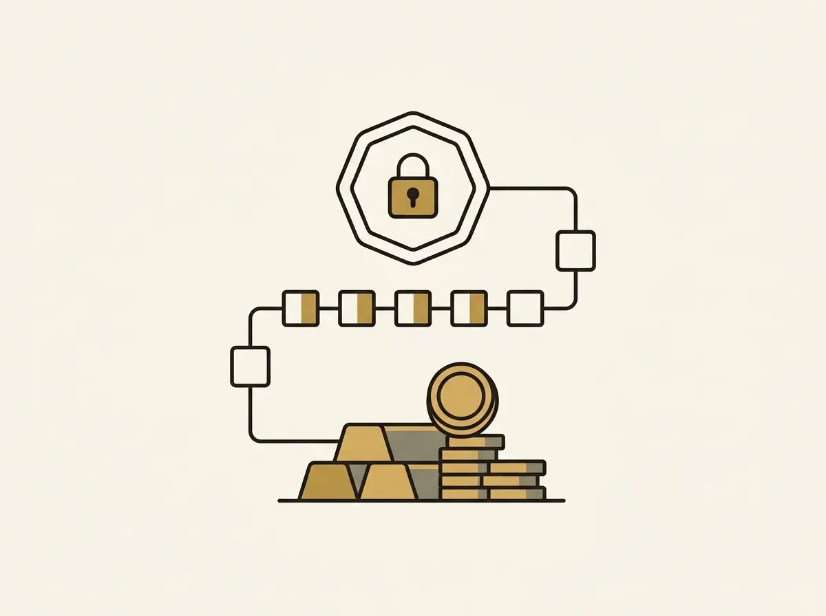 Line art of a digital token linked to a physical asset by a blockchain, with a lock, symbolizing tokenized stock.
