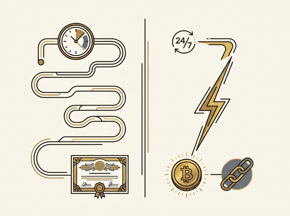 Line art comparing two paths: a long, winding path to a stock certificate with a T+1 clock, and a short, fast path to a digital token with a 24/7 icon.