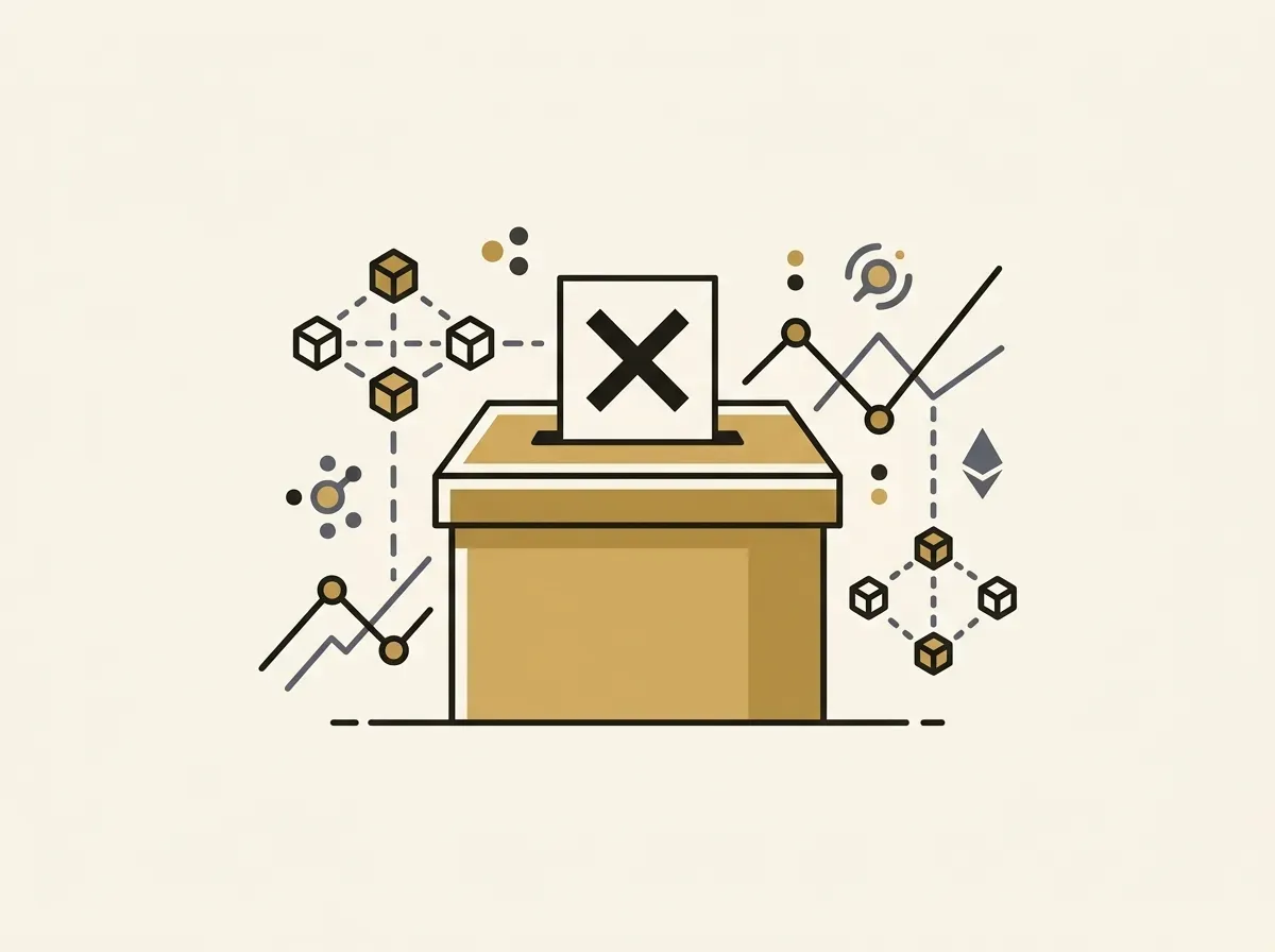 Line art of a ballot box with an 'X' over it, symbolizing the lack of voting rights for tokenized stocks.