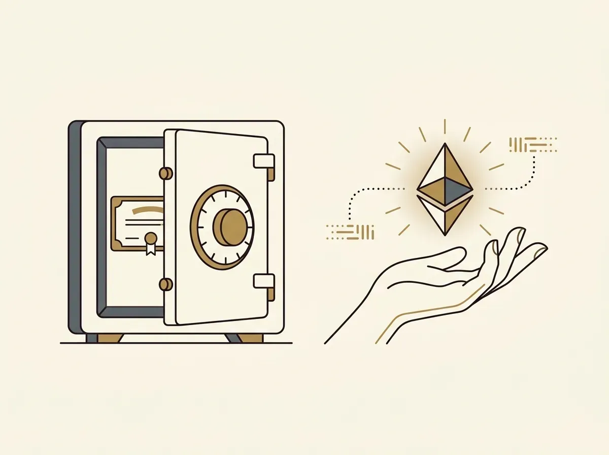 Illustration contrasting a locked vault representing traditional stock custody with an open hand holding a digital token, symbolizing self-custody.