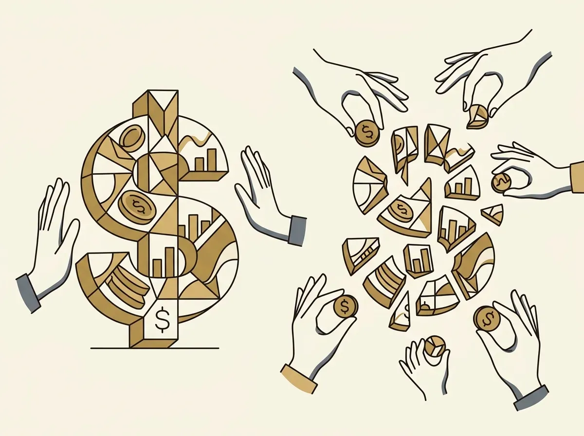 Illustration showing a large, indivisible asset on one side and the same asset broken into many small, accessible fractional pieces on the other.
