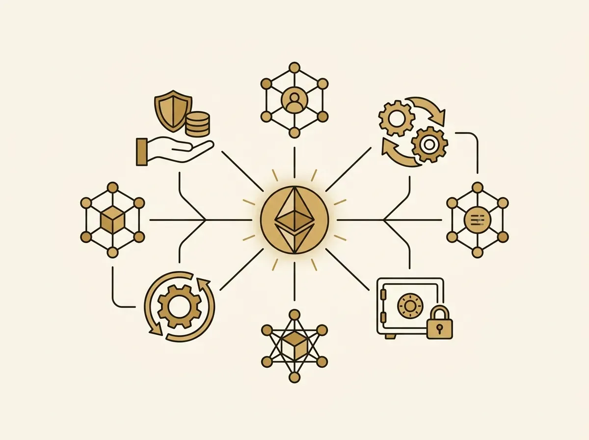 Illustration of a central digital token connecting via lines to multiple abstract shapes, symbolizing its integration and composability within DeFi protocols.