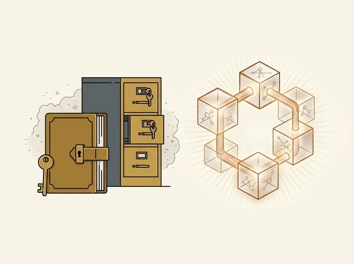 Illustration contrasting an opaque, closed book representing traditional record-keeping with a transparent, interconnected blockchain, symbolizing transparency.