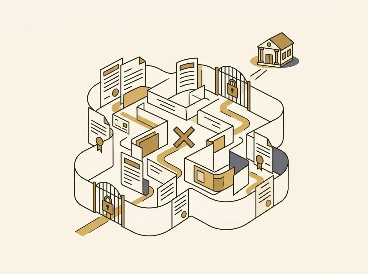A complex maze of documents and locked gates, symbolizing traditional brokerage barriers.