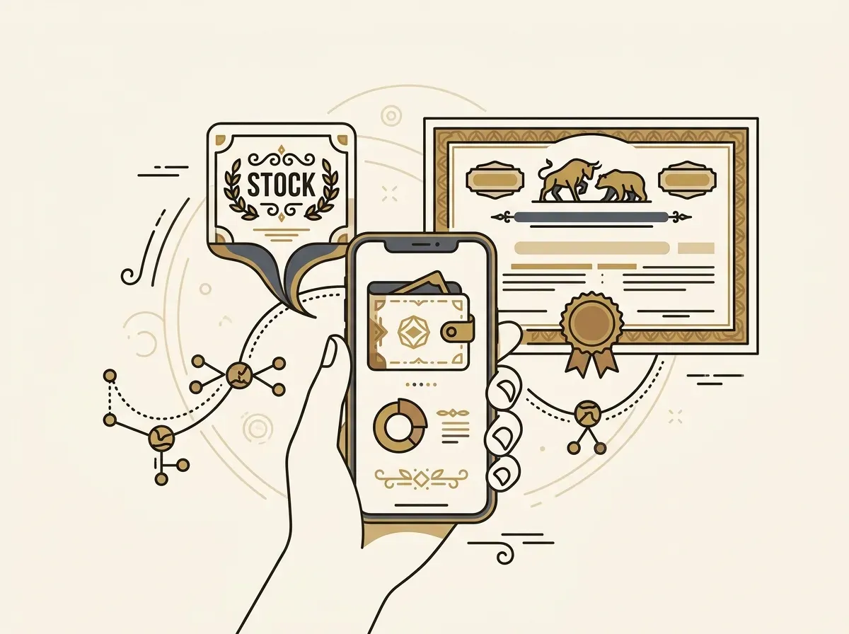 A hand holding a phone with a digital wallet, showing a stock certificate connected by a blockchain line.
