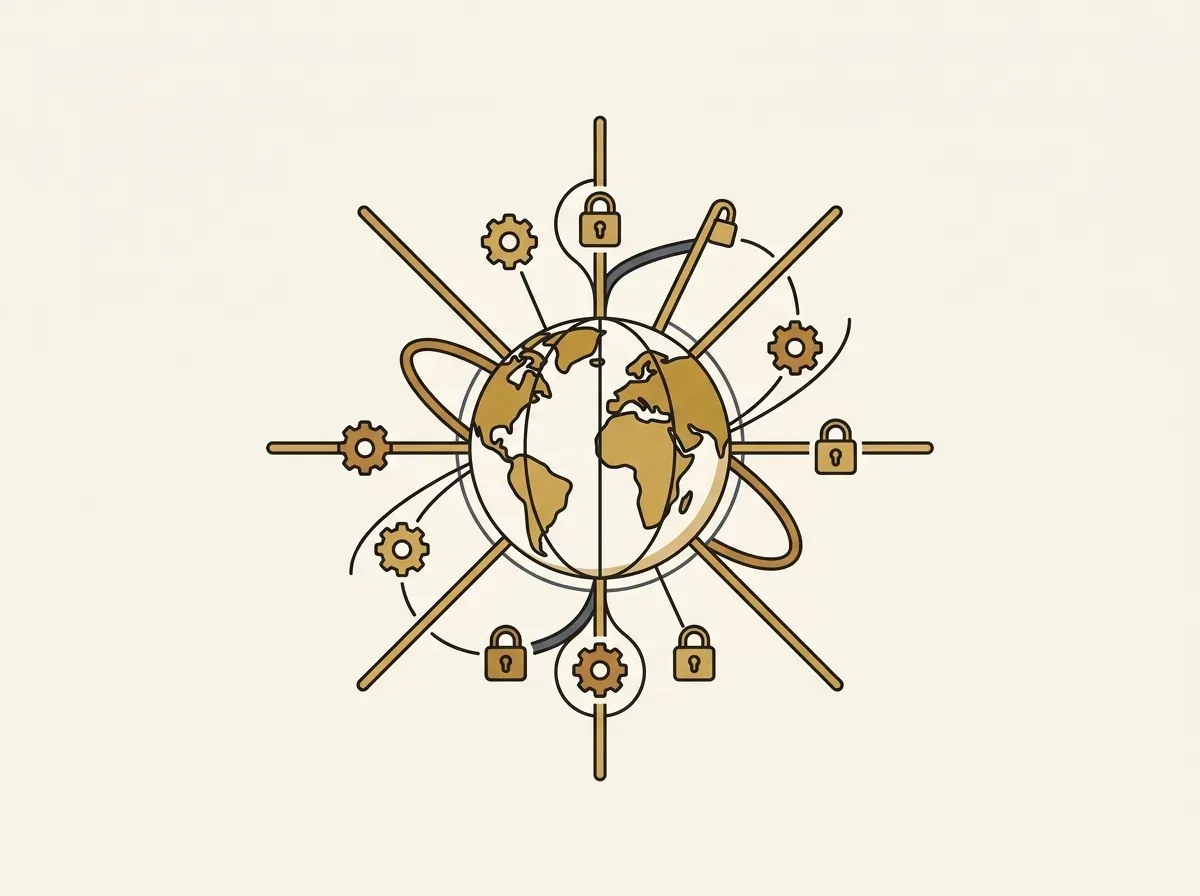 A globe with interconnected lines, gears, and a padlock, representing global access and composability.