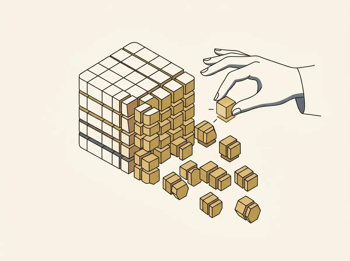 Hand picking up a small segment from a large, divided block, symbolizing fractional ownership.