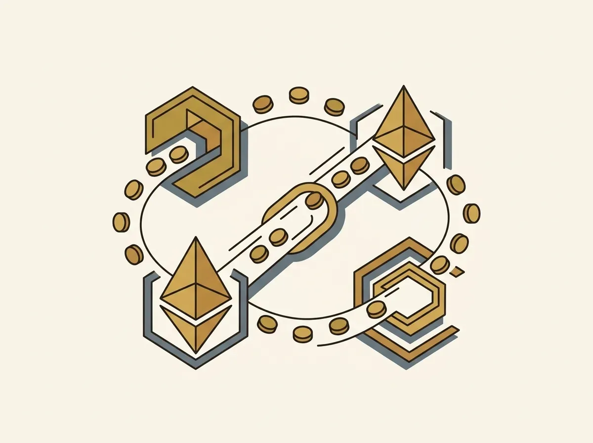 Abstract shapes representing DeFi protocols, with tokens flowing between them, illustrating composability.