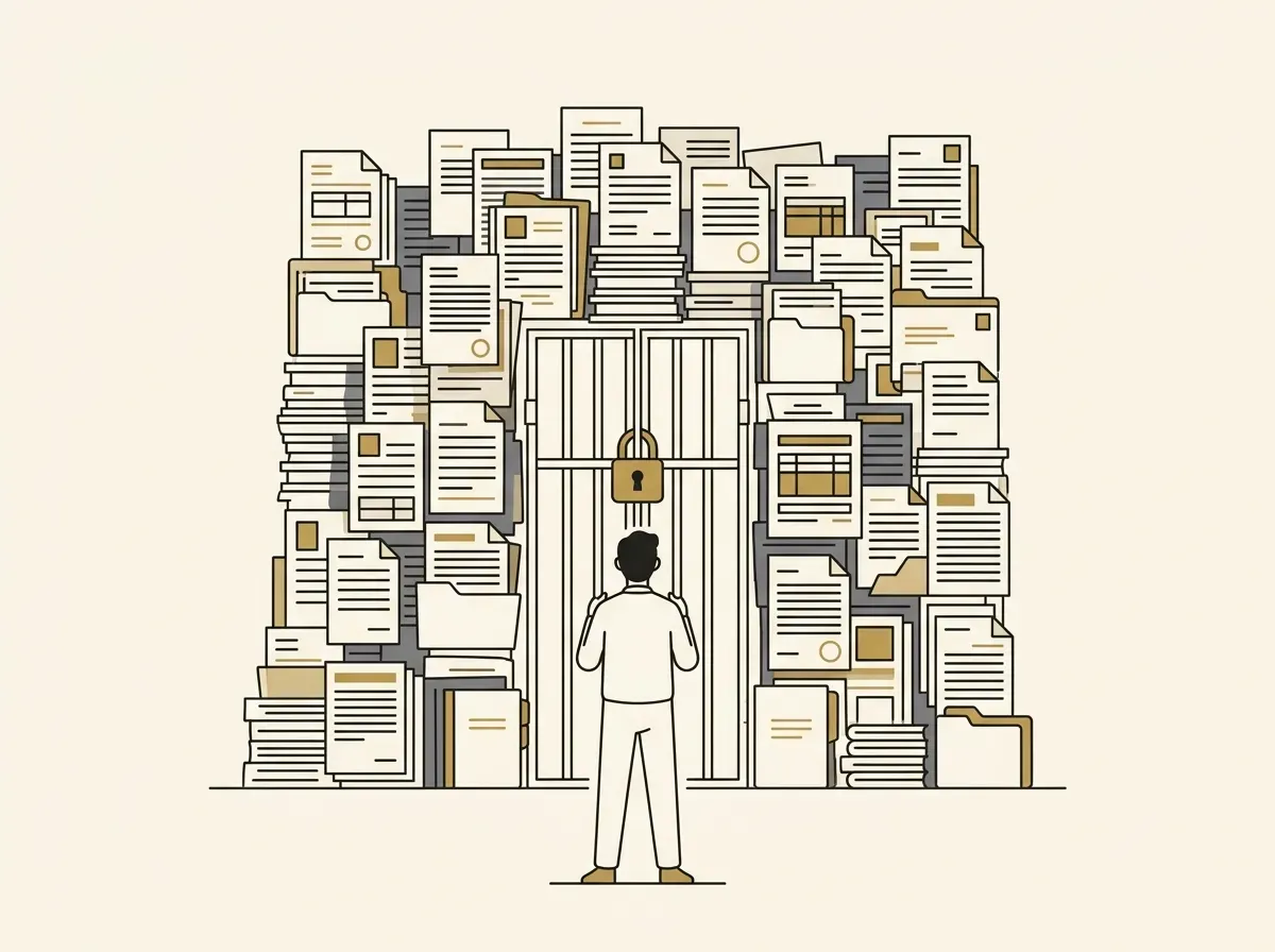 A person facing a tall wall of documents with a locked gate, symbolizing traditional KYC barriers.