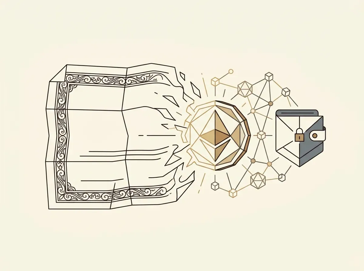 A paper stock certificate transforming into a digital token with blockchain lines, representing tokenized stocks.