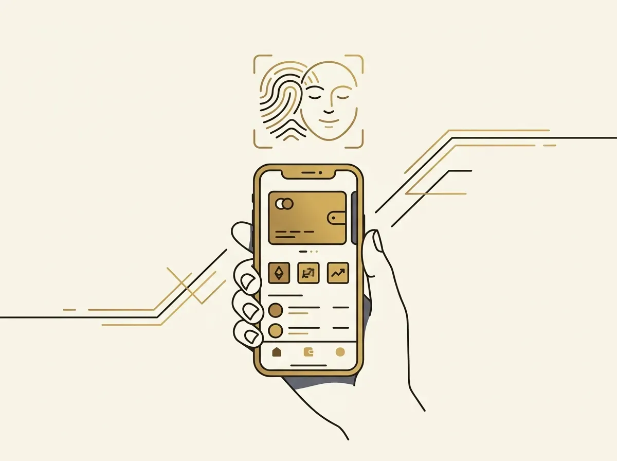 A hand holding a smartphone with a digital wallet and biometric scan, symbolizing permissionless onboarding.