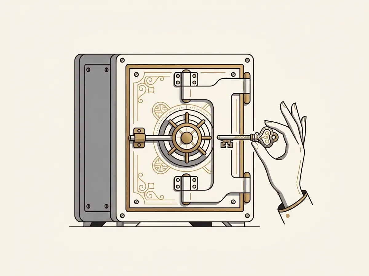 A hand holding a key separate from a secure vault, illustrating self-custody of assets.