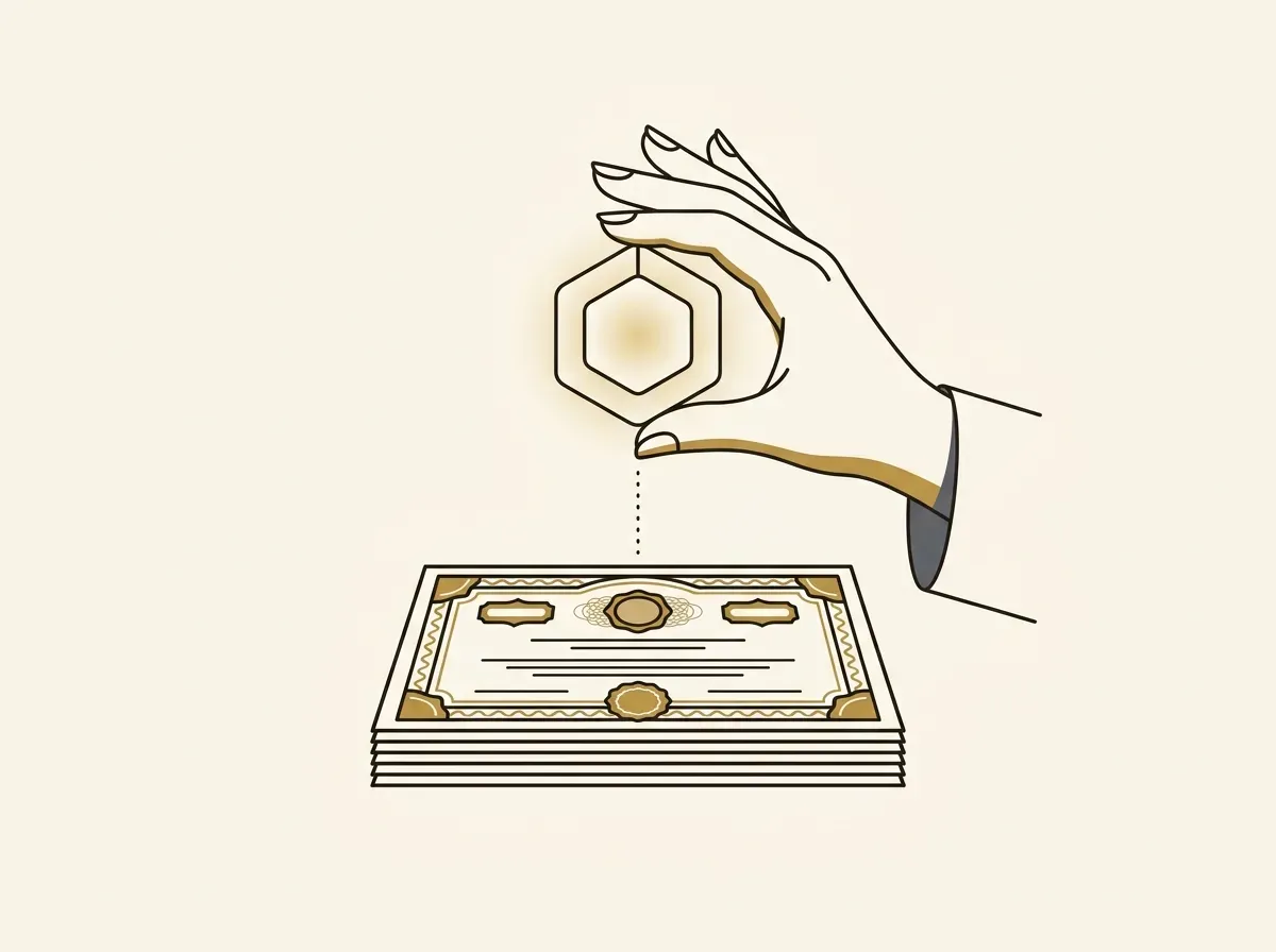 Digital token floating above stock certificates, held by a hand, symbolizing tokenized stock ownership.