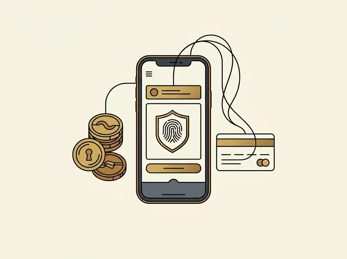 Smartphone with secure login, connected to digital coins and a credit card, representing account setup and funding.