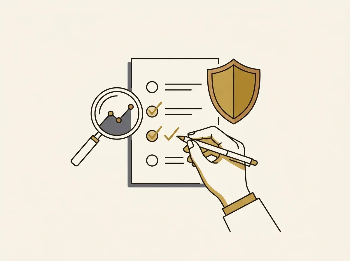 Hand checking off a list, with a magnifying glass over a graph and a shield, symbolizing a trading checklist.
