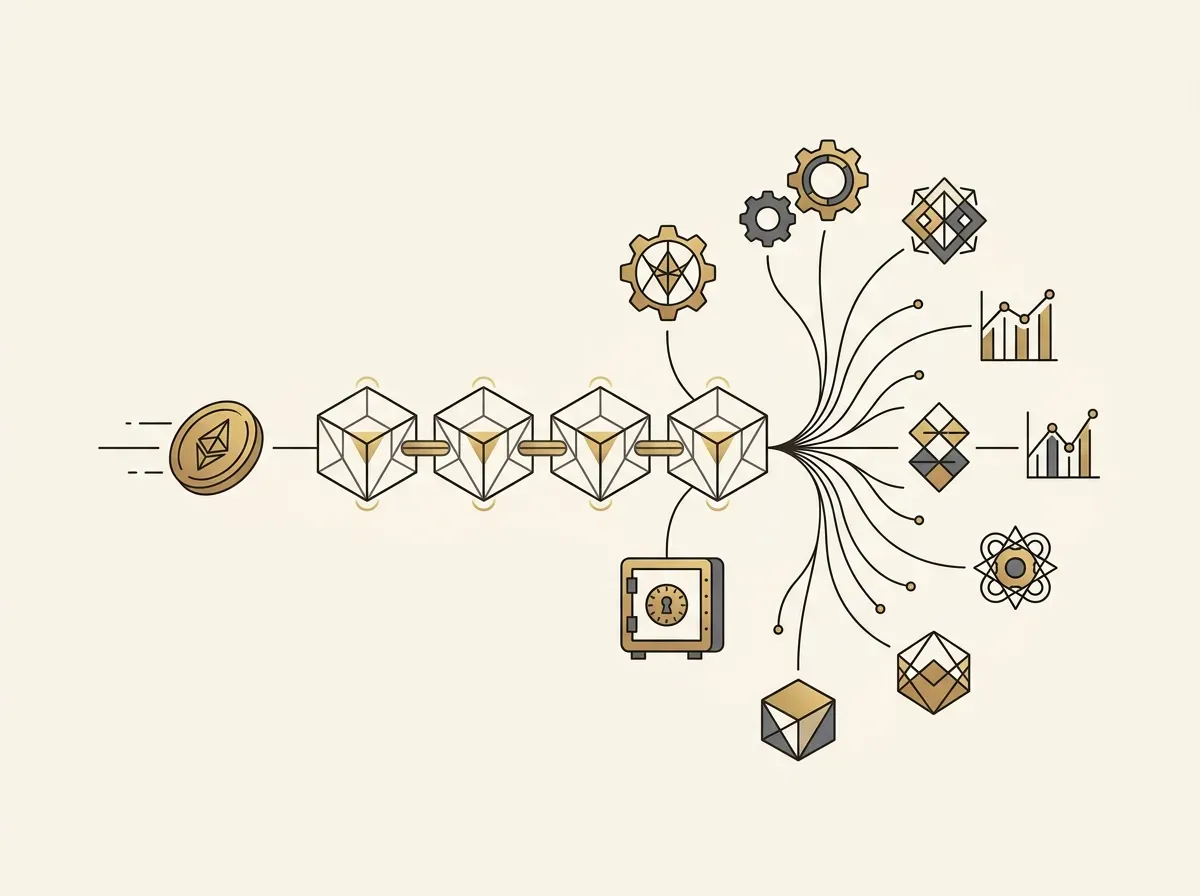 Digital token settling on a blockchain, connecting to DeFi symbols and a secure vault, representing post-purchase actions.