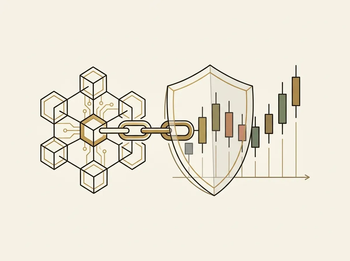 A protective shield over a blockchain link connected to a stock chart, representing slippage protection for tokenized stocks.