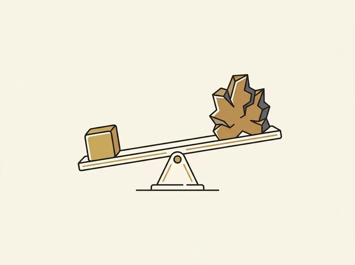 A seesaw balancing a small stable block and a larger jagged block, representing optimizing for market conditions.