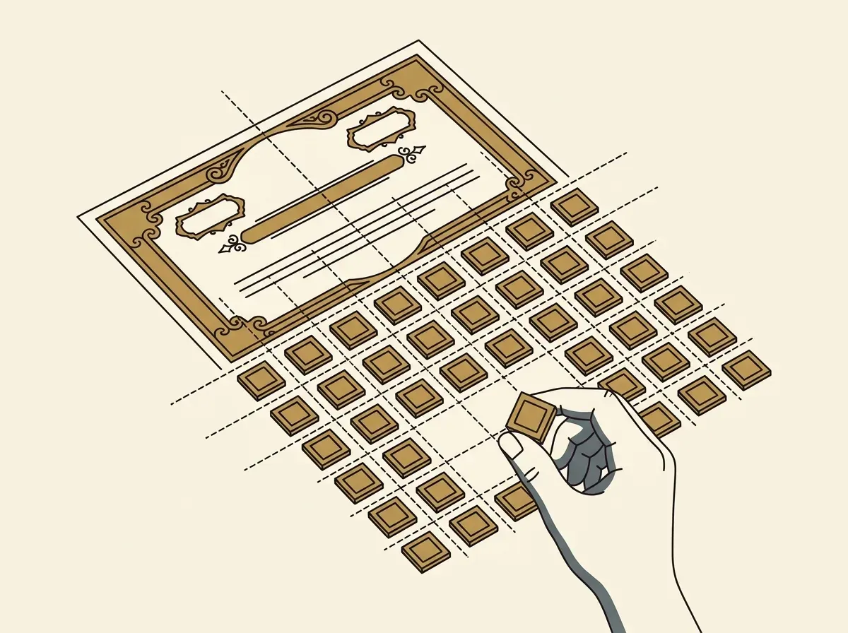 A large stock certificate being precisely divided into many small, identical tokens, illustrating fractional ownership.
