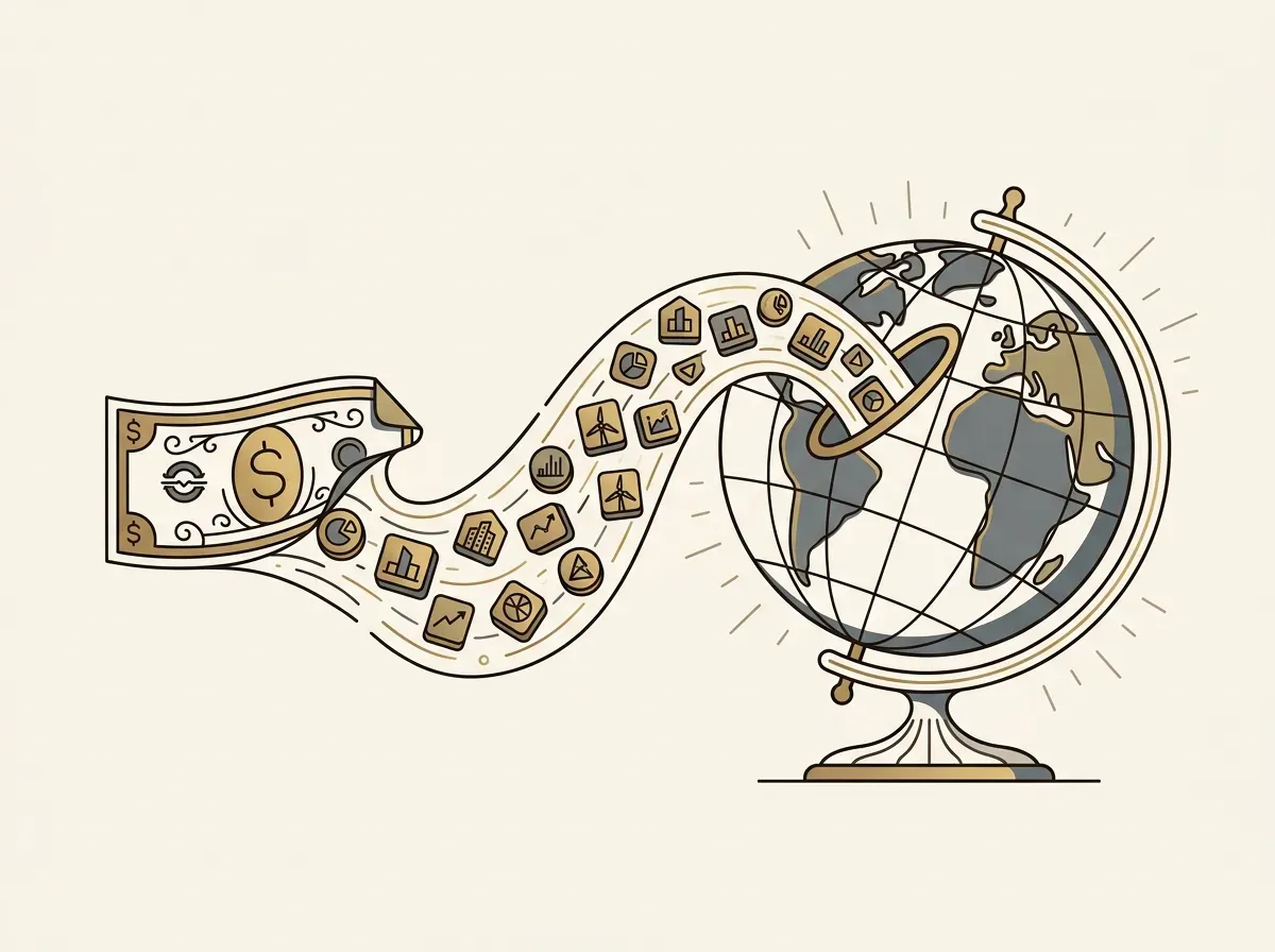 A dollar bill transforming into tokens flowing towards a globe, symbolizing accessible global equity trading from $1.