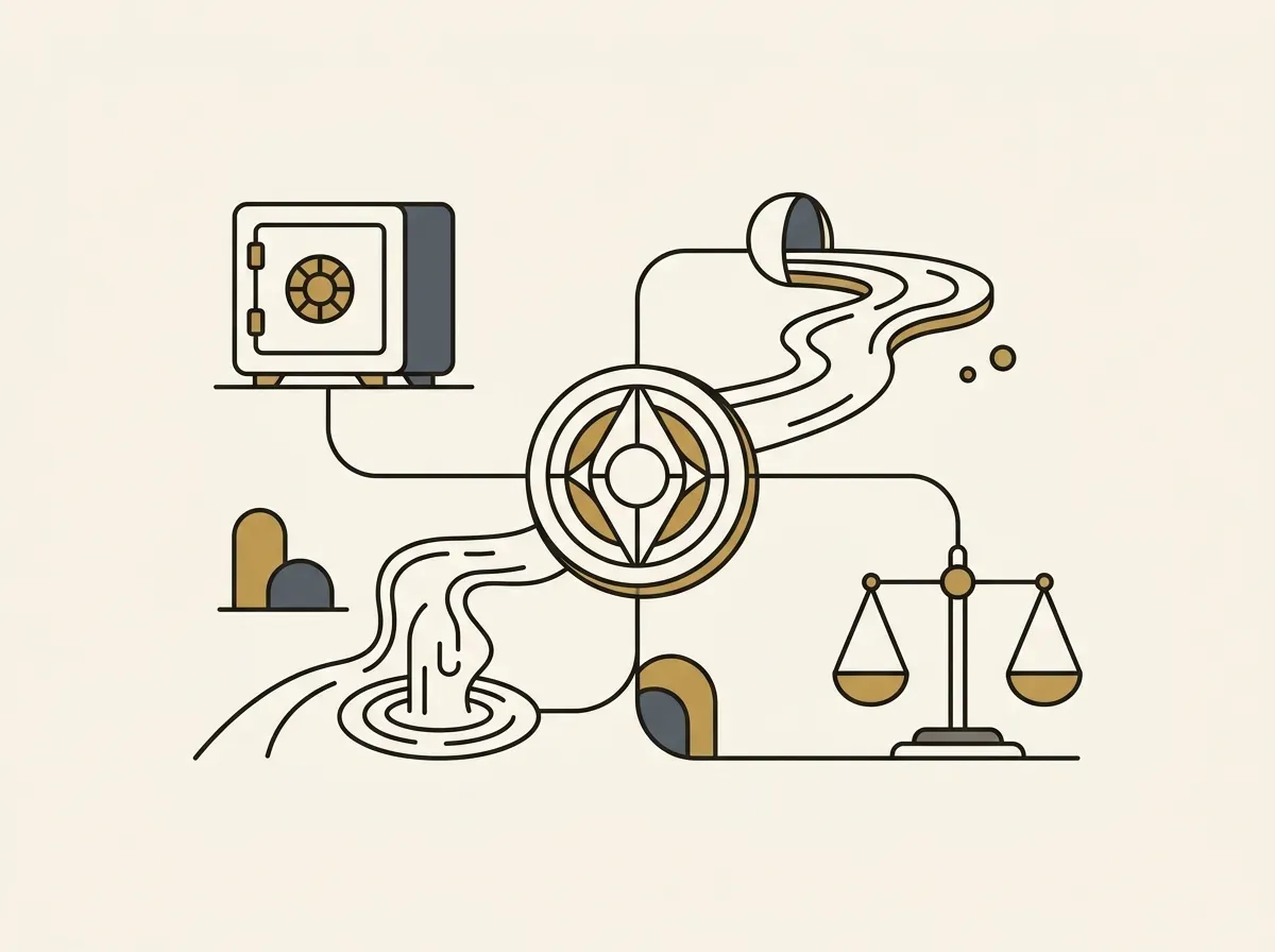 A central token connected to abstract shapes representing DeFi protocols like lending, liquidity pools, and borrowing.