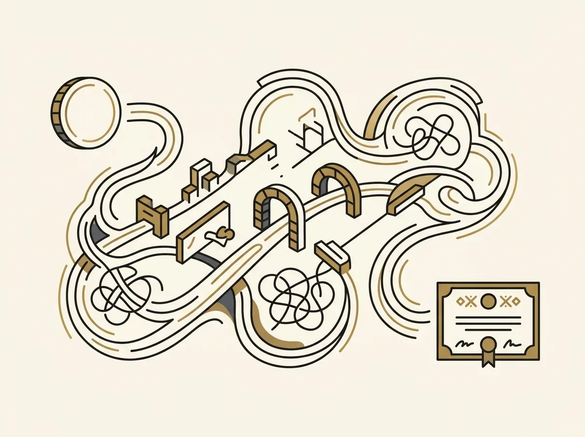 A winding path from a crypto coin to a stock certificate, illustrating complex trading.