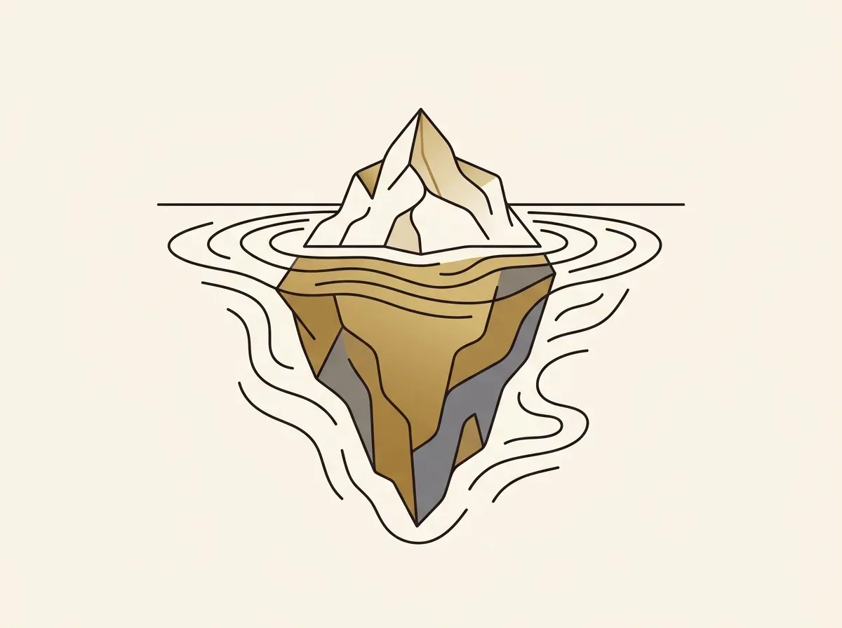 An iceberg showing hidden costs below the surface, representing true trading expenses.