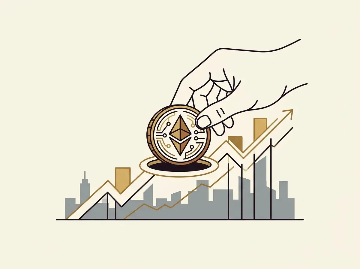 A hand placing a crypto coin onto a stock chart, representing direct crypto-to-stock trading.