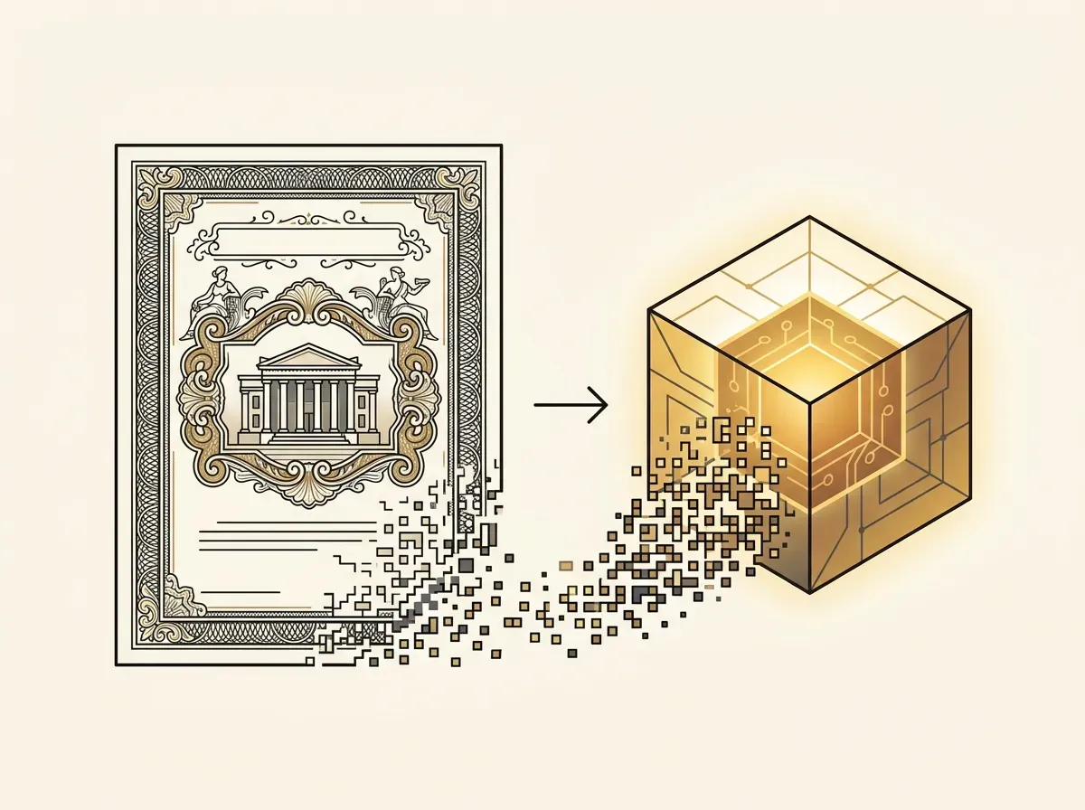 An illustration of a paper stock certificate transforming into a digital token, representing the process of tokenization.