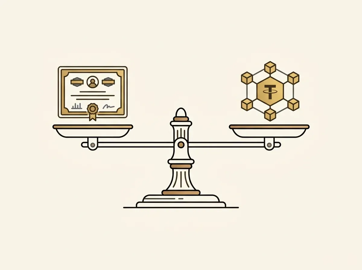 A balanced scale holding a physical stock share on one side and a digital token on the other, symbolizing 1:1 backing.