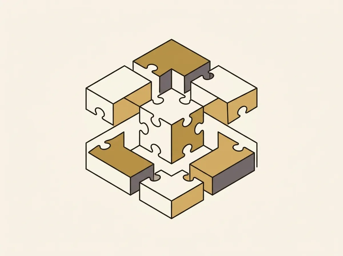 An illustration of different digital blocks fitting together like puzzle pieces, representing financial composability.
