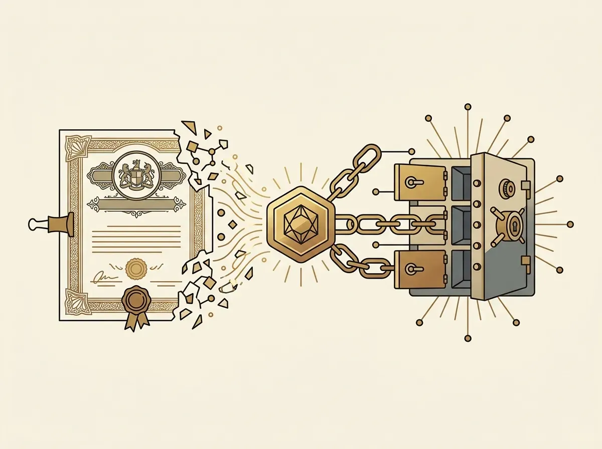 Illustration of a stock certificate evolving into a digital token on a blockchain.