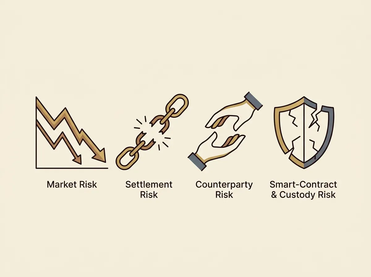 Minimalist icons depicting various financial risks: market volatility, broken settlement, counterparty default, and smart contract vulnerability.