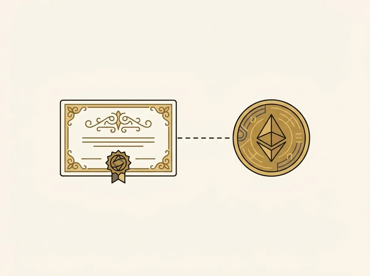 A stock certificate linked to a digital coin, symbolizing tokenization.