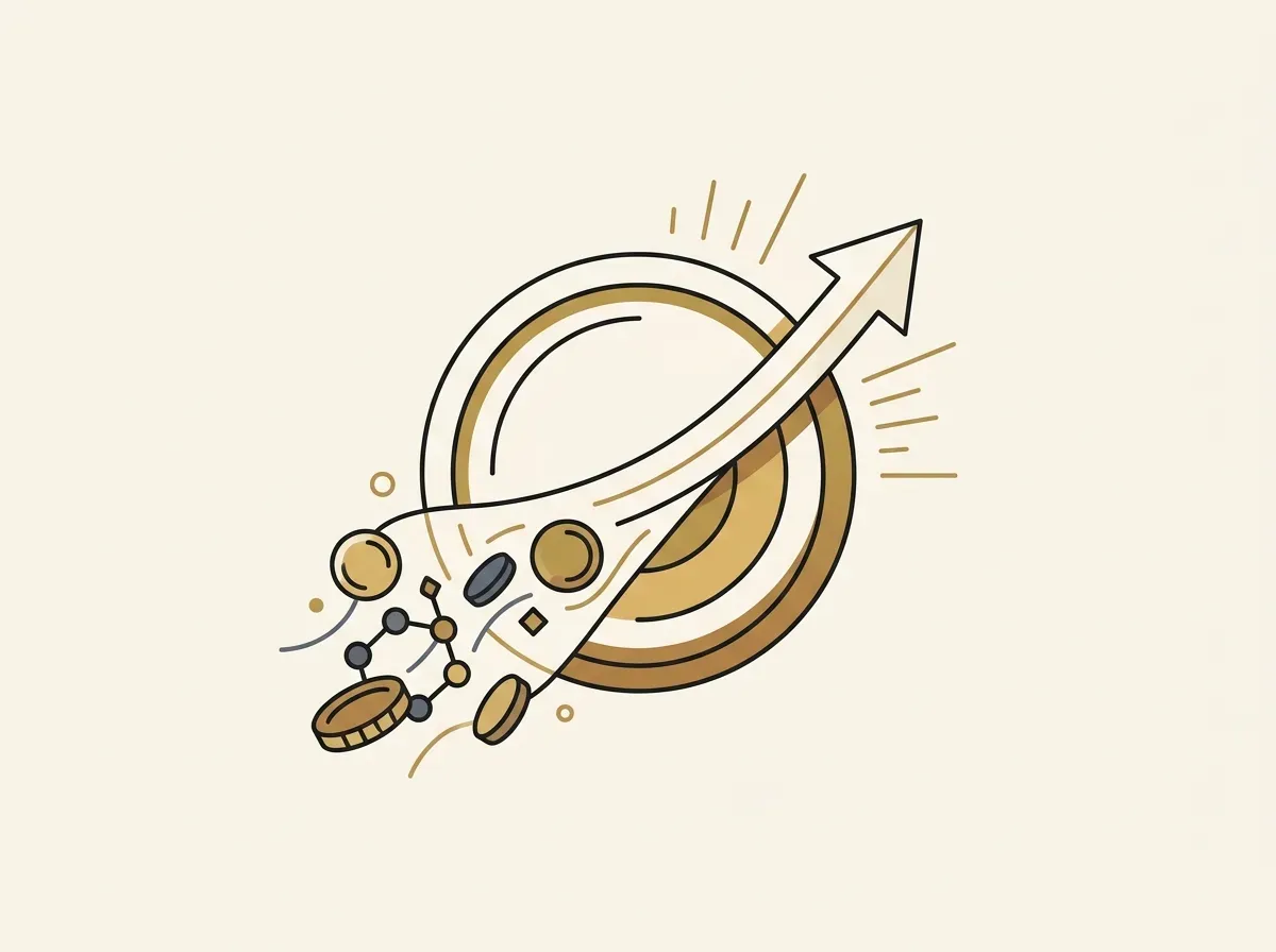 A digital coin with an upward arrow and merging elements, symbolizing asset growth and reinvested dividends.