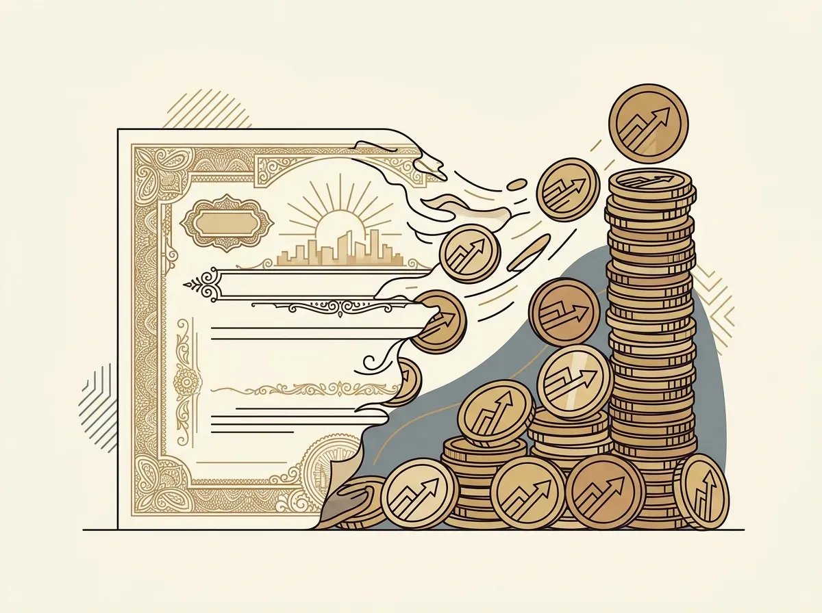A paper stock certificate evolving into multiple digital tokens, symbolizing fractional ownership.