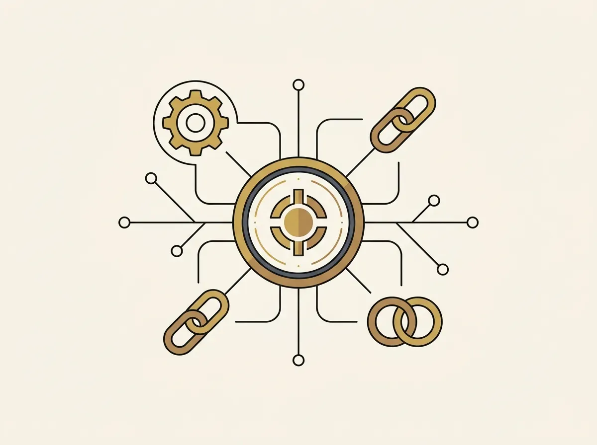 A digital token connected to various DeFi protocol symbols, representing composability.